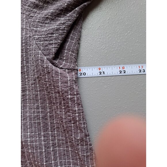 Habitat Womens Plaid Blouse Large Button Front Brown/White 3/4 Sleeves Lagenlook - Picture 6 of 7